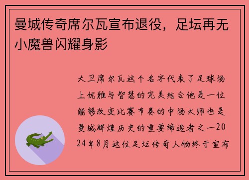 曼城传奇席尔瓦宣布退役，足坛再无小魔兽闪耀身影